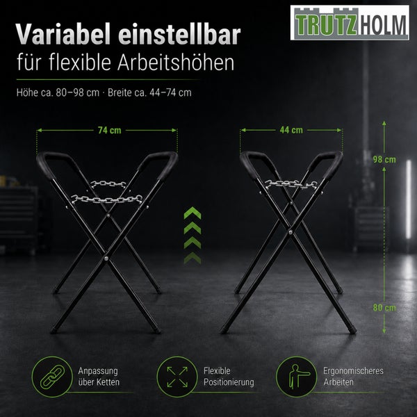 Trutzholm Logo. Verstellbarer Arbeitsbock, Höhe circa 80 bis 98 cm, Breite 44 bis 74 cm. Anpassung über Ketten für ergonomisches Arbeiten.