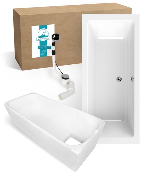 Calmwaters Badewannenset bestehend aus einer rechteckigen Badewanne, einem Wannenträger aus Styropor und einer Ab- und Überlaufgarnitur.