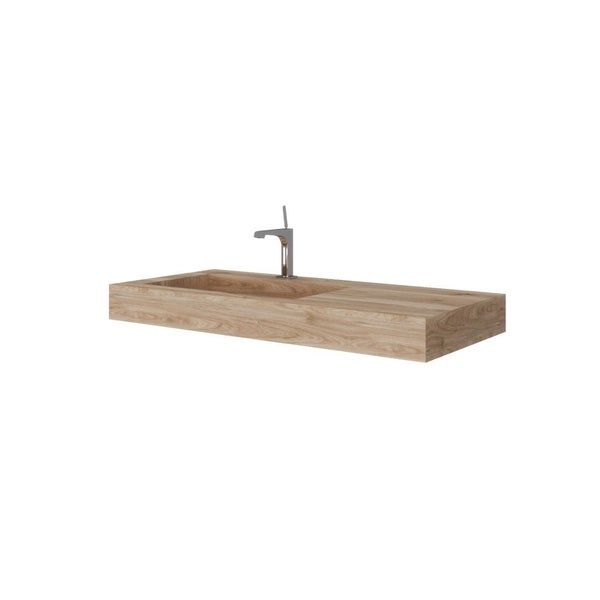 Waschtischplatte in Holzoptik mit integriertem Waschbecken und verchromter Armatur.
