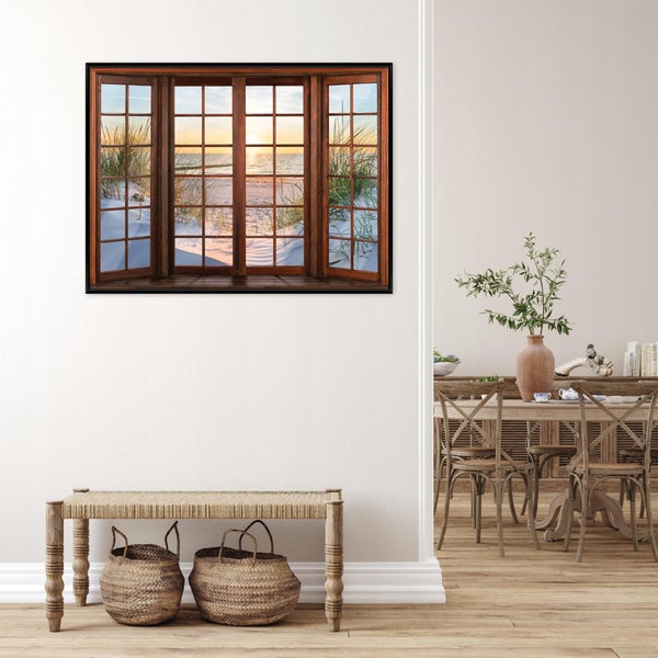Wandbild mit Fensterrahmenmotiv und Strandblick in einem Wohnzimmer mit Sitzbank und zwei Flechtkörben.