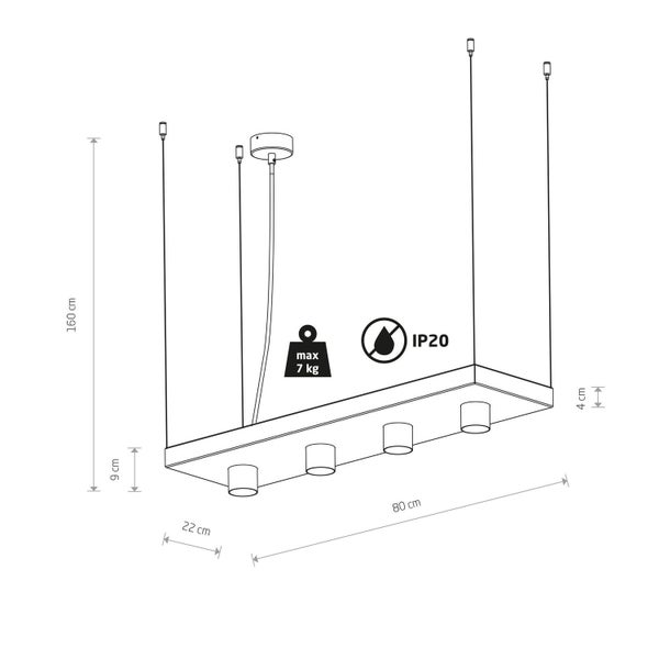 Maßzeichnung einer rechteckigen Pendelleuchte mit vier Leuchtenköpfen, 80 cm Länge, mit IP20 Schutzart und maximaler Belastung von 7 Kilogramm.