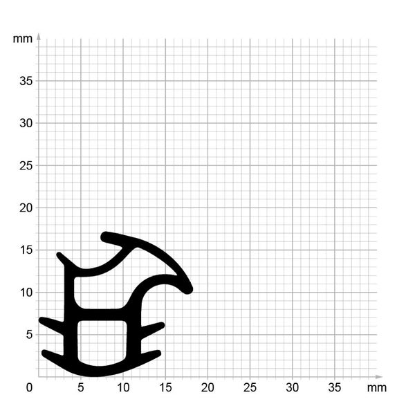 Querschnitt einer Gummidichtung auf Millimeterpapier zur Veranschaulichung der Profilform und Größe.