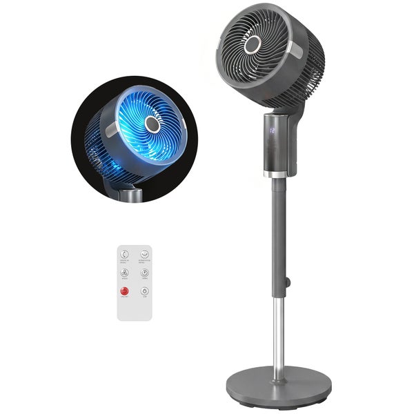 Moderner Standventilator in Grau mit verstellbarem Kopf, Digitalanzeige und Fernbedienung für vertikale und horizontale Schwenkfunktion.