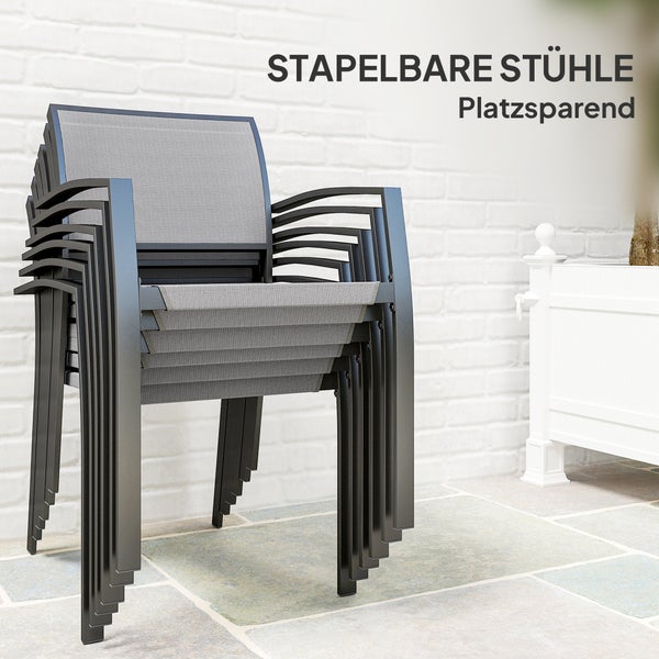 Outsunny Sitzgruppe 7 tlg. Essgruppe für 6 Personen Esstisch mit 6 Stapelbare Stühle, Esszimmergruppe Küchentisch-Set mit Stahlgestell Balkonmöbel Gartenmöbel für Terrasse, Balkon Grau
