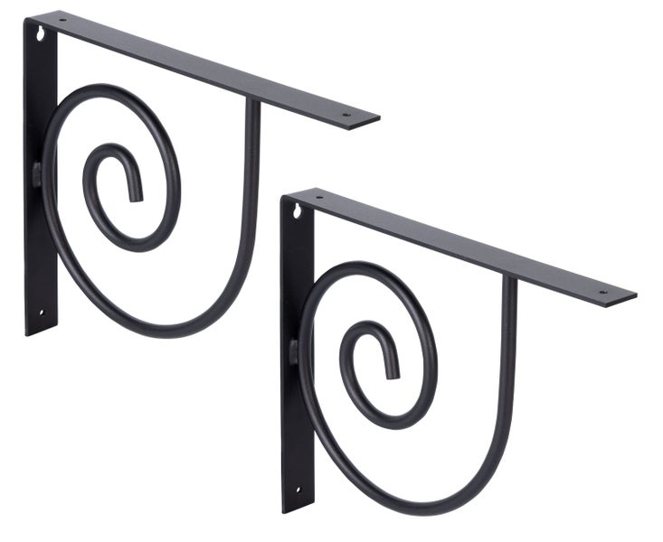 Zwei Wandregalhalterungen aus Metall mit dekorativem Spiraldesign zur Wandmontage