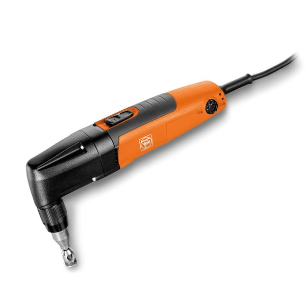 Fein Elektro-Knabber zum Schneiden von Blech mit orange-schwarzem Gehäuse, Fein Logo und Netzkabel.