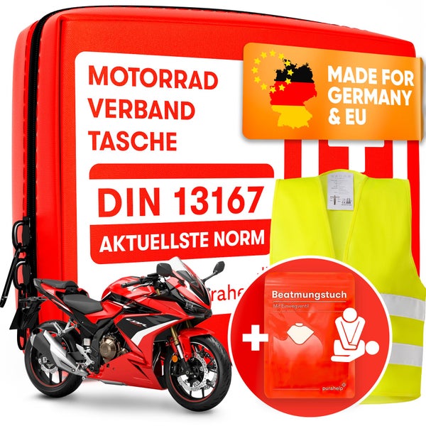 PURAHELP Motorrad Verbandskasten nach aktueller Norm 2024 DIN 13167 (StVO konform) - Inkl. Warnweste & Beatmungstuch - Motorrad Erste Hilfe Set 2024 Mini Klein