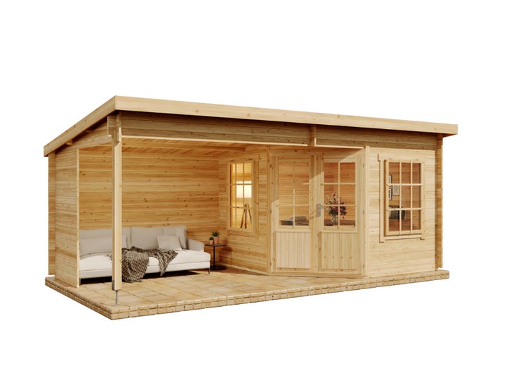 Holzgartenhaus mit Terrasse, Fenstern und Doppeltür