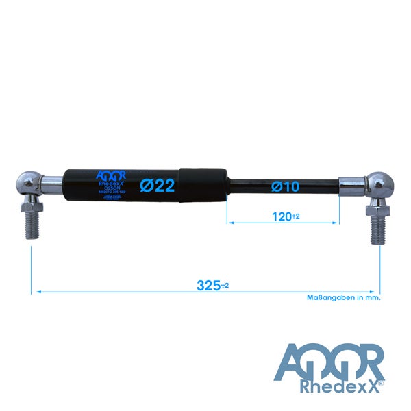 Rhedexx Gasdruckfeder mit Kugelgelenken, Gesamtlänge 325 Millimeter, Hub 120 Millimeter, Durchmesser 22 Millimeter und 10 Millimeter.