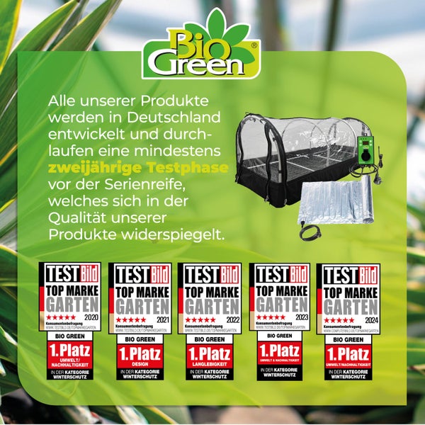 Bio Green Logo. Bio Green Produkte in Deutschland entwickelt. TestBild Auszeichnungen Top Marke Garten 2020 bis 2024 im Bereich Winterschutz.