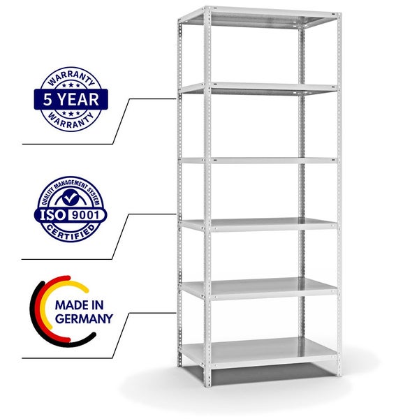 PROREGAL Fachbodenregal Schraubsystem Light-Duty Grundregal HxBxT 250 x 100 x 60 cm 6 Ebenen Fachlast 125 kg Beidseitig Nutzbar Lichtgrau