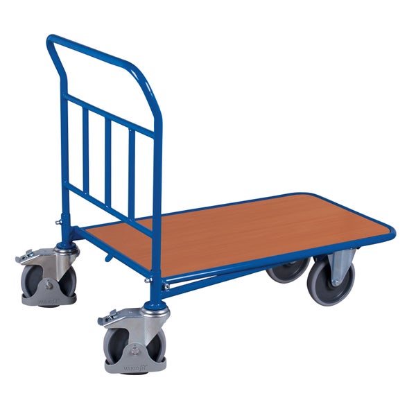 Plattformwagen mit Holzplatte und blauem Stahlrahmen