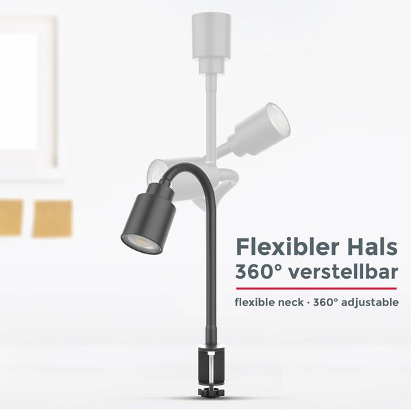 Klemmlampe - 5W, 400lm, LED, mit Stecker, dimmbar, Schwanenhals, warmweiß, schwarz