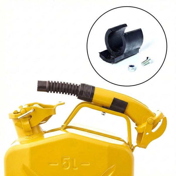 Gelber Metall-Kraftstoffkanister 5 Liter mit flexiblem Auslaufrohr und Clip-Halterung inklusive Schraube und Mutter.