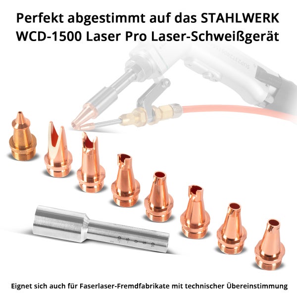 Verschiedene Kupferdüsen und ein Messwerkzeug als Zubehör für das STAHLWERK WCD-1500 Laser Pro Laser-Schweißgerät.