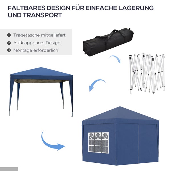 Outsunny Pavillon ca.3x3m, wasserabweisend Stabil Winterfest Pop-up Faltpavillon, UV Schutz 50+, Faltbar Partyzelt Gartenzelt mit 4 Seitenteilen Tasche Gartenpavillon für Camping Garten, Blau
