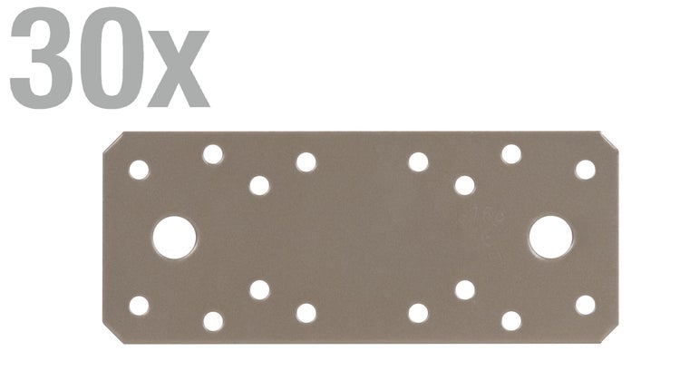 Set mit 30 flachen Lochplatten aus Metall mit verschiedenen Bohrungen für Holzverbindungen.