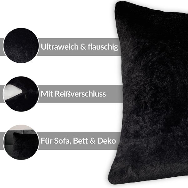 Schwarzes Kunstfellkissen, ultraweich und flauschig, mit Reißverschluss, geeignet für Sofa, Bett und Dekoration.