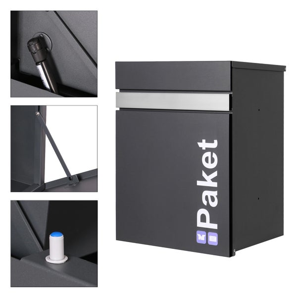 Paketbriefkasten in Anthrazit mit Paket-Schriftzug und Detailansichten von Gasdruckdämpfer, Haltearm und Anschlagpuffer.