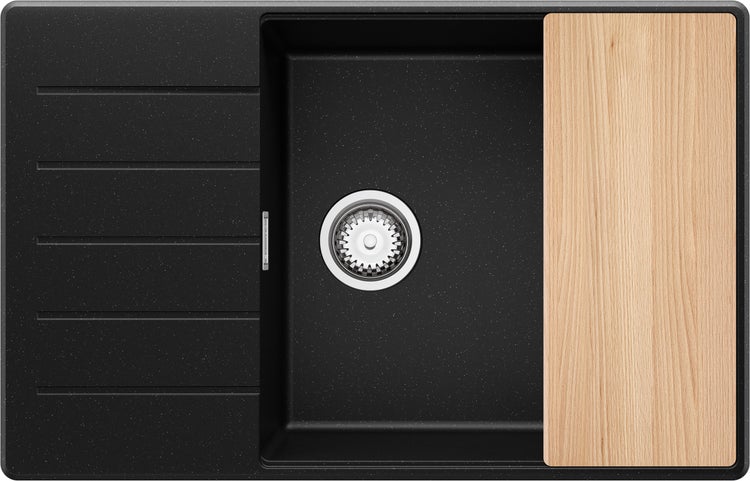PRIMAGRAN Spülbecken Schwarz Metallic 78x50cm, Granitspüle 1 Becken + Ablauf-Set + Schneidebrett, Küchenspüle ab 60er Unterschrank - Kopenhagen