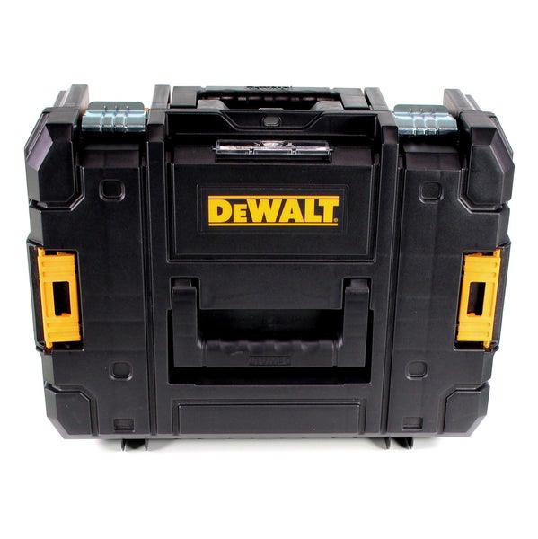 Schwarzer DeWalt TSTAK Werkzeugkoffer aus Kunststoff mit gelben Clips und Tragegriff.