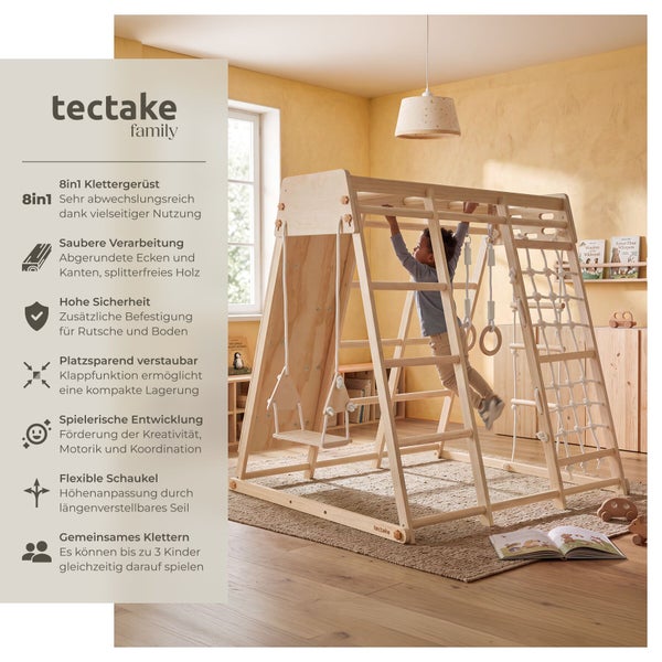 Ein Kind klettert auf einem 8in1 Klettergerüst aus Holz im Kinderzimmer, das mit Schaukel, Kletternetz und Rutsche ausgestattet ist.