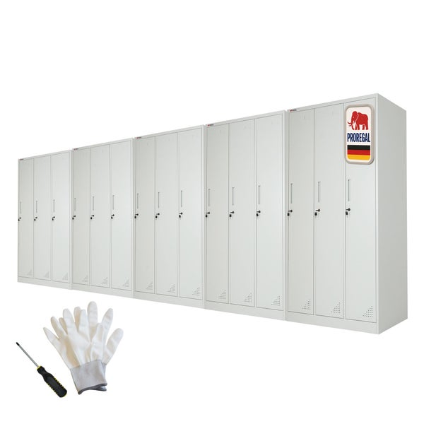 Graue Proregal Metall-Spinde mit 15 abschließbaren Fächern und Belüftungsschlitzen, inklusive Montagehandschuhen und Schraubendreher. Proregal Logo.