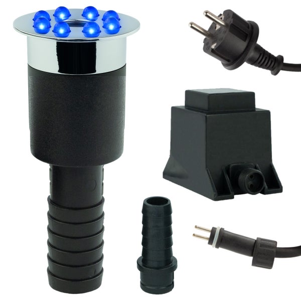 LED-Springbrunnenbeleuchtung Set mit blauem Licht, Transformator, Netzstecker und Schlauchanschlüssen für Wasserspiele im Garten.