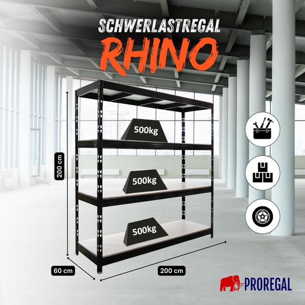 Schwarzes Schwerlastregal Rhino, 200 mal 200 mal 60 Zentimeter. 500 Kilogramm Traglast pro Boden. Werkzeug, Lagerung, Reifen. Proregal Logo.