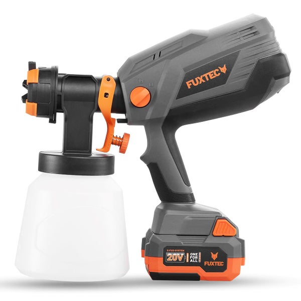 Akku-Farbsprühsystem FUXTEC 20 Volt mit Farbbehälter.