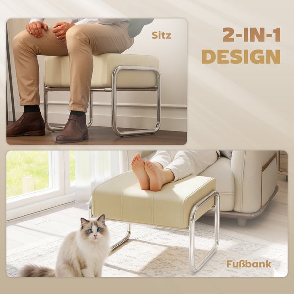 2-in-1 Design: Sitzhocker und Fußbank mit Metallgestell und gepolsterter Sitzfläche.