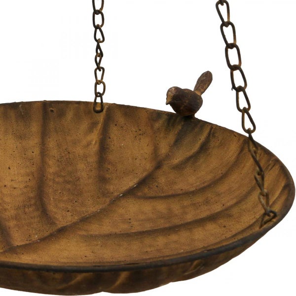 Hängende Vogeltränke in Blattform mit Vogeldekor und Kette