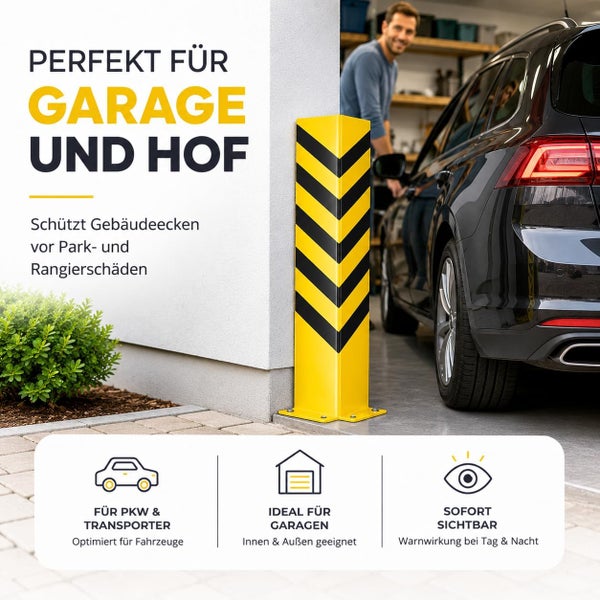 Eckschutz mit gelb-schwarzen Warnstreifen an einer Gebäudeecke in einer Garage zum Schutz vor Parkschäden durch Personenkraftwagen und Transporter.