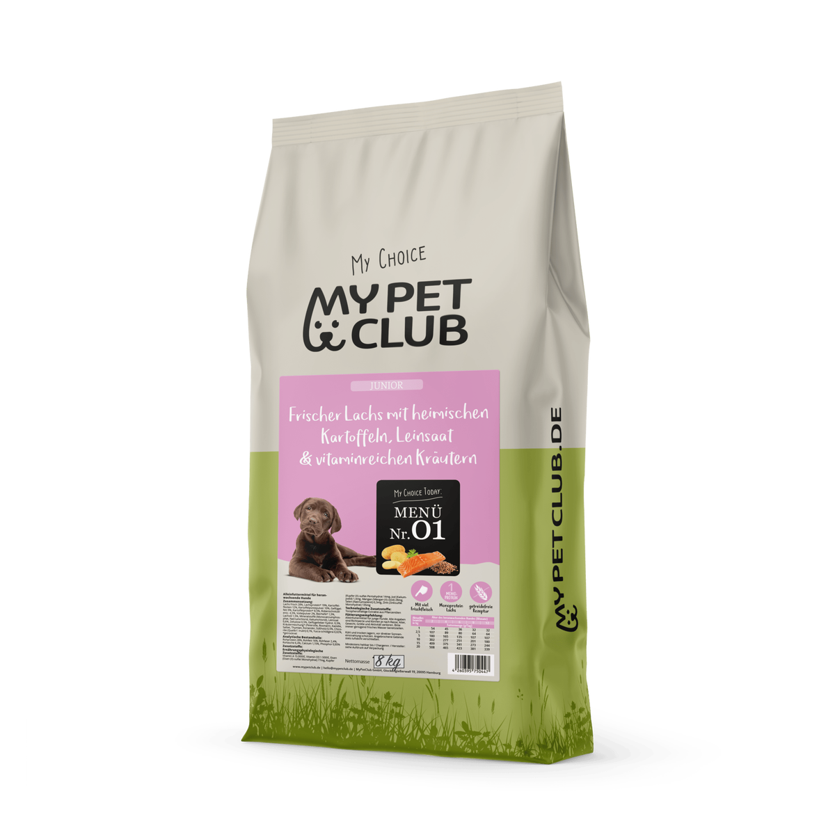 Premium Welpen (1 x 8 kg) Junior Trockenfutter getreidefrei mit Lachs | Hypoallergenes Welpenfutter für große &amp; kleine Rassen ab dem 2ten Monat