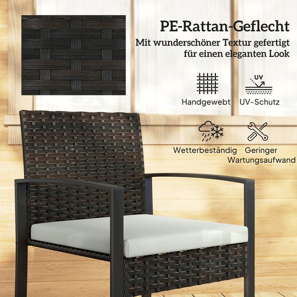 Gartenstuhl aus dunklem Polyethylen-Rattan-Geflecht mit Sitzkissen, handgewebt, Ultraviolett-Schutz, wetterbeständig und pflegeleicht.