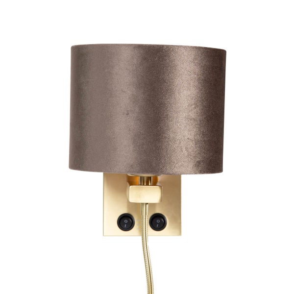 Wandleuchte Bronze mit braunem Samt-Schirm 18cm - Brescia