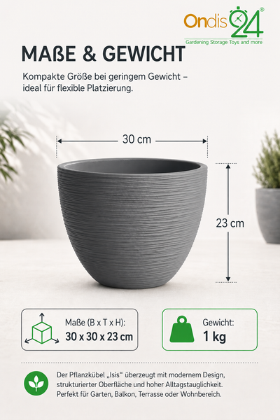 Grauer Pflanzkübel Isis mit strukturierter Oberfläche, Durchmesser 30 Zentimeter, Höhe 23 Zentimeter, Gewicht 1 Kilogramm. Ondis24 Logo.