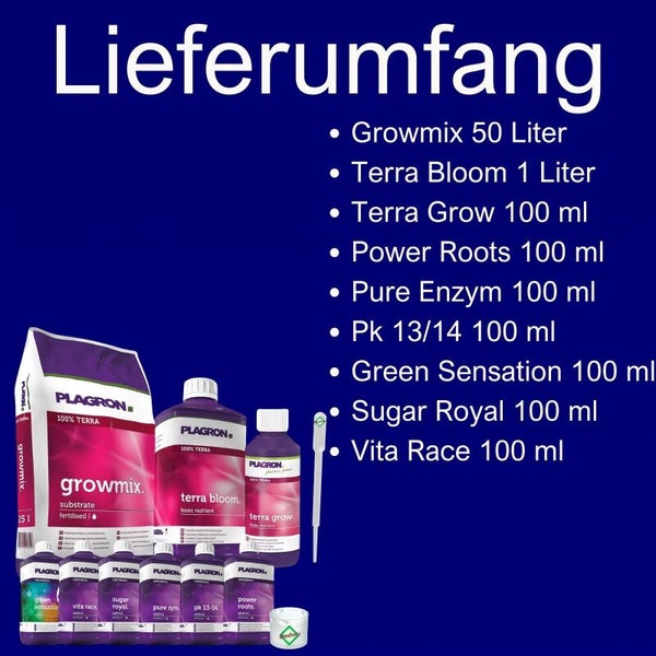 Lieferumfang des Plagron Pflanzennahrungs-Sets mit Growmix 50 Liter, Terra Bloom 1 Liter, Terra Grow und verschiedenen Zusätzen in Millilitern.