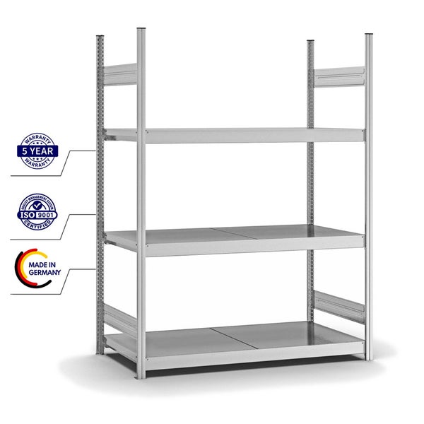PROREGAL Weitspannregal Stecksystem T-Profil Grundregal HxBxT 200x150x60 cm 3 Ebenen Stahlplatten Fachboden Fachlast 350 kg Verzinkt