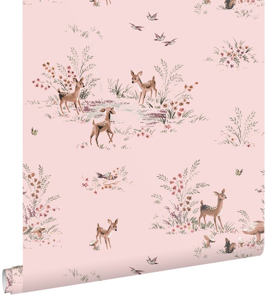 Tapetenrolle mit Reh-, Vogel- und Blumenmuster