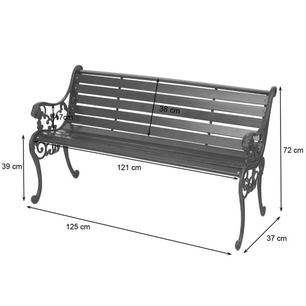 Gartenbank mit Gusseisengestell inklusive Maßen: Breite 125 Zentimeter, Höhe 72 Zentimeter, Tiefe 37 Zentimeter.