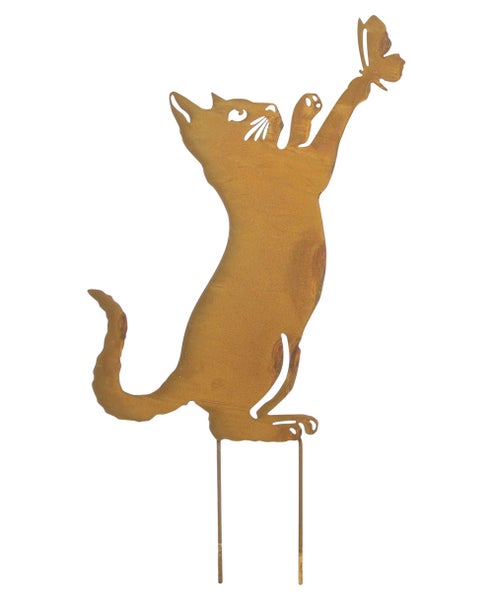 FRANK FLECHTWAREN | Gartenstecker Katze mit Schmetterling, METALL, 16,5 x 0,4 x 48,5 cm