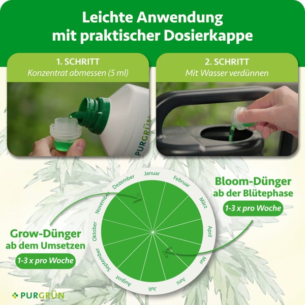 Anleitung für Purgrün Dünger: Konzentrat abmessen und verdünnen. Kalender für Grow- und Bloom-Phasen, ein bis drei Mal pro Woche. Purgrün Logo.