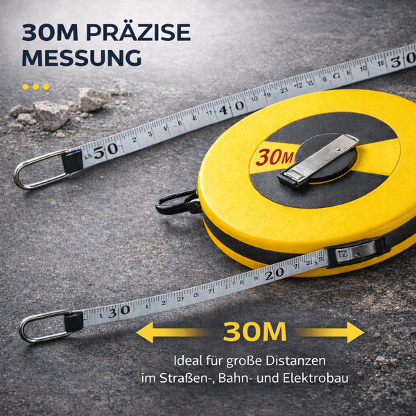 Rollmaßband 30 Meter für präzise Messungen im Straßenbau, Bahnbau und Elektrobau.