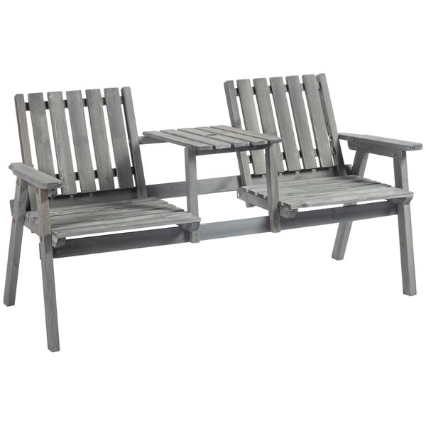 Outsunny Gartenbank mit Tisch, Sitzgruppe, Gartenmöbel, mit Regenschirmloch, Sitzbank, 2 Stühle, Massivholz, Grau, 152 x 70 x 83 cm