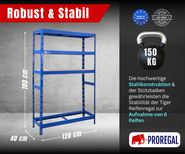Blaues Tiger Reifenregal für 6 Reifen, 180 mal 120 mal 40 Zentimeter, 150 Kilogramm Tragkraft, Made in Europe, ISO 9001. Proregal Logo.