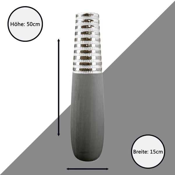 Vase GILDE Vasen Höhe 50cm Breite 15cm grau, silberfarben Keramik