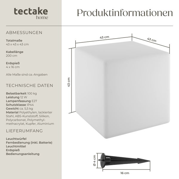 tectake home Logo, Produktinformationen für LED-Leuchtwürfel 43 x 43 x 43 Zentimeter mit Erdspieß 16 Zentimeter und technischen Daten.