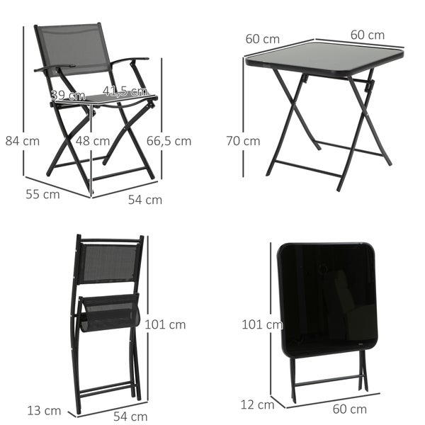 Outsunny Sitzgruppe, 3tlg. Balkonset, 1 Tisch+2 Stühle, klappbar, 60L x 60B x 70H cm, Metall, Mesh, Schwarz+Grau