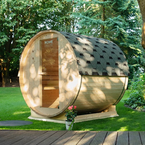 Home Deluxe - Outdoor Fasssauna Lahti M - Maße: BxTxH: ca. 185 cm x 120 cm x 185 cm, Holz: Fichtenholz - inkl. Saunaofen und Saunazubehör I Gartensauna, Außensauna, Sauna Fass für 2 Personen